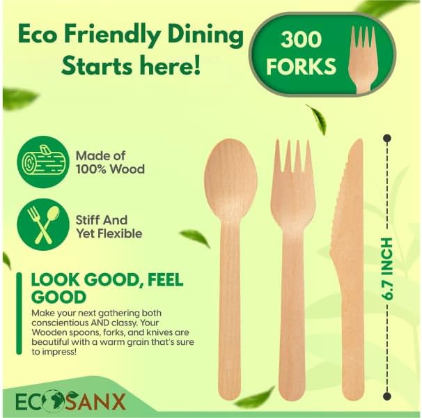 ECOSANX® 300 PCs Wooden forks for eating 6.5" Splinter Free Compostable Forks - Image 2