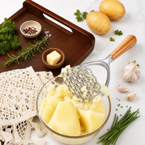 Potato Masher, Aluminum Alloy Food Smasher with Wooden Handle,Potato