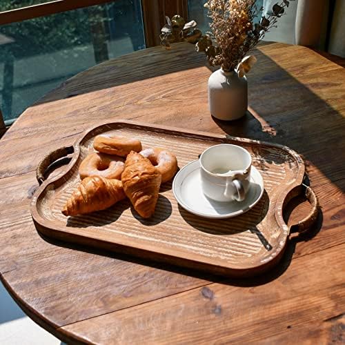 Rustic Wood Serving Tray with Metal Twine Handles Set of 2 Rectangular