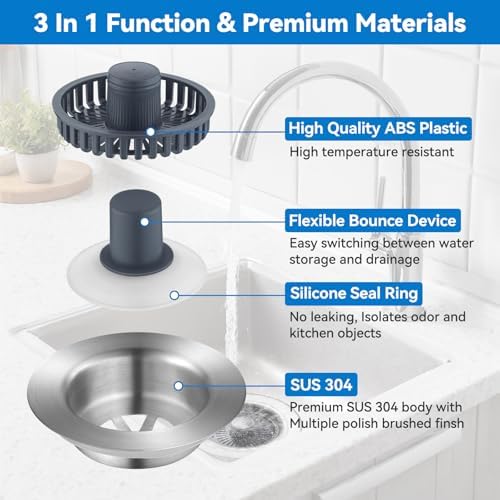 3-in-1 Kitchen Sink Drain Strainer, Stainless Steel Pop Up Kitchen