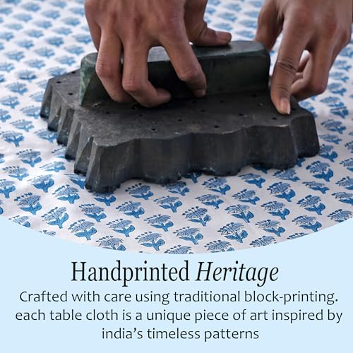 CPC Apatite Blue Block Print 100% Cotton Square Tablecloth 60x60 Inch