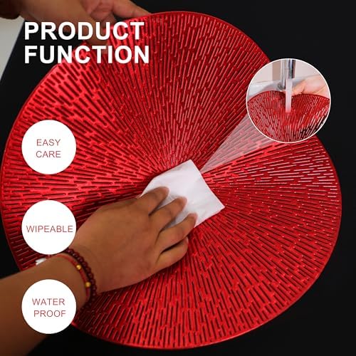 Snowkingdom Red Placemats Set of 6, Round Vinyl Metallic Hollow