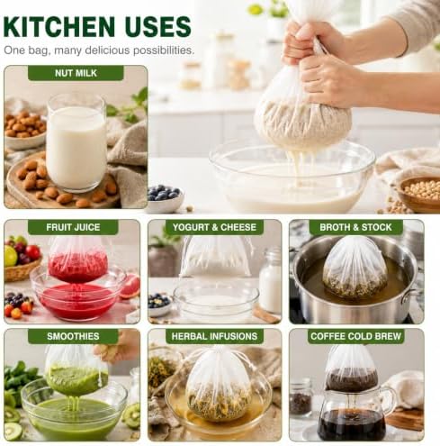 Nut Milk Bags 10 Pack, Reusable 200 Mesh Strainer Bags, 2 Sizes, 5