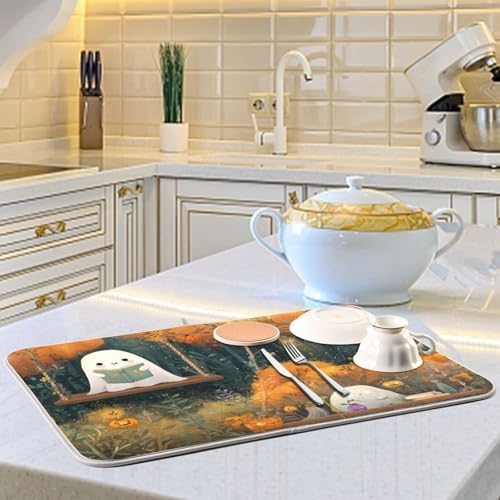 OTVEE Friendly Ghost Autumn Reading Dish Drying Mat for Kitchen