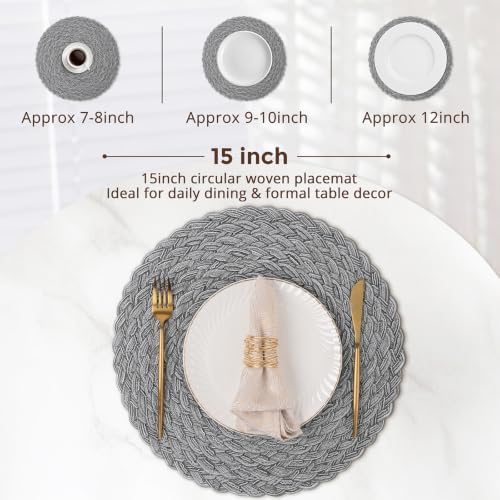 Topotdor Round Placemats Set of 4,Washable Woven Table Mats,Grey