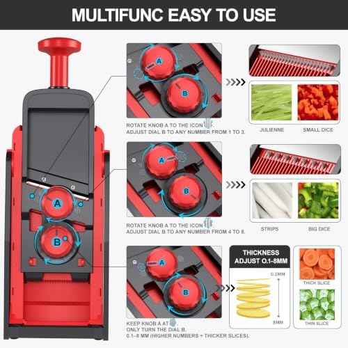 SupMaKin Safe Mandoline Slicer for Kitchen,Pptato Slicer, Vegetable Onion Chopper, French Fry Cutter, Adjustable Thickness, Julienne & Dicer Salad Chopping Artifact (4V RED)
