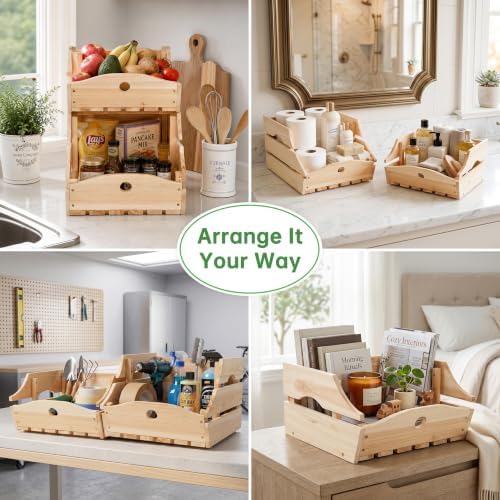 Stackable Wooden Storage Bins, Kitchen Counter Organizer with Handles