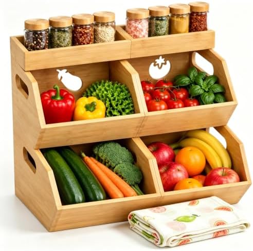 Bamboo Potato Onion Storage Bin, Stackable Ventilated Produce Basket