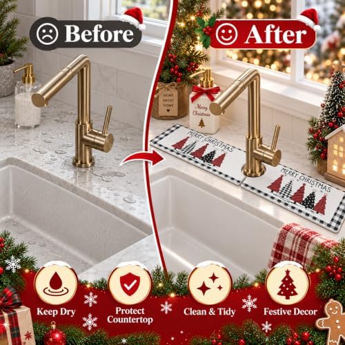 Irenare Christmas Faucet Mat for Kitchen Sink, 23.6" x 3.9", Xmas Tree