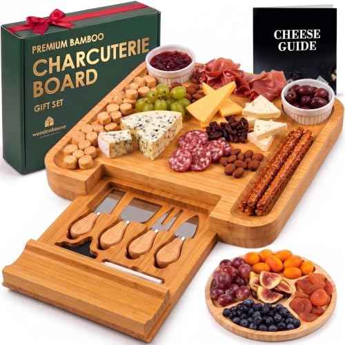 Bamboo Charcuterie Boards Gift Set - Meat and Cheese Tray with Utensils