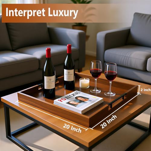 20 Inch Large Square Ottoman Tray, Premium Acacia Wooden Serving Tray