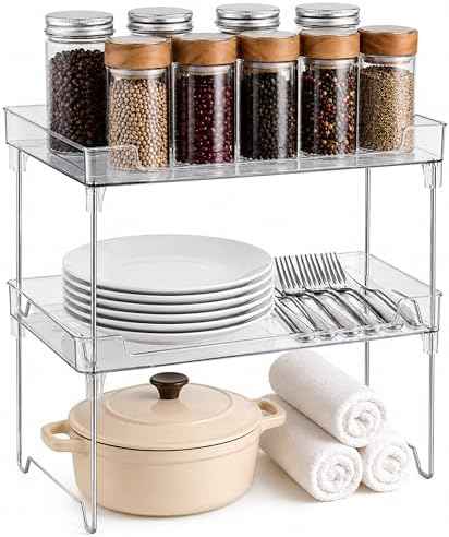 Masirs Clear Stackable Shelf, Easily Organize Your Kitchen Counter and Cabinet Shelves While Creating Extra Storage Space with This Foldable Translucent Plastic Shelf, (2-Pack)