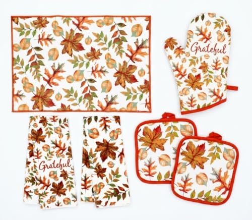 6pc Set Fall Leaves Design Seasonal Kitchen Towel Set - 2 Oven Mitts