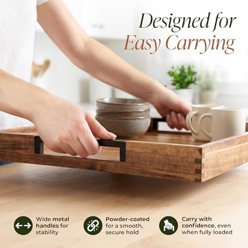22" x 22" Large Square Acacia Wood Ottoman Tray with Extended Metal
