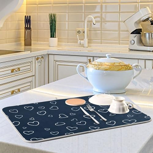 OTVEE Heart Sketch Art Dish Drying Mat for Kitchen Counter Absorbent