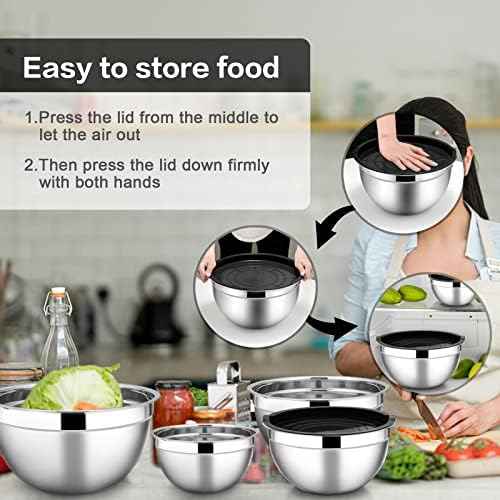 E-far Stainless Steel Mixing Bowls with Airtight Lids, 7-Piece Metal