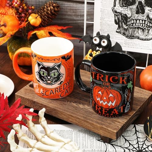Whaline 4Pcs Halloween Mug Pumpkin Black Cat Bat Skeleton Coffee Mug