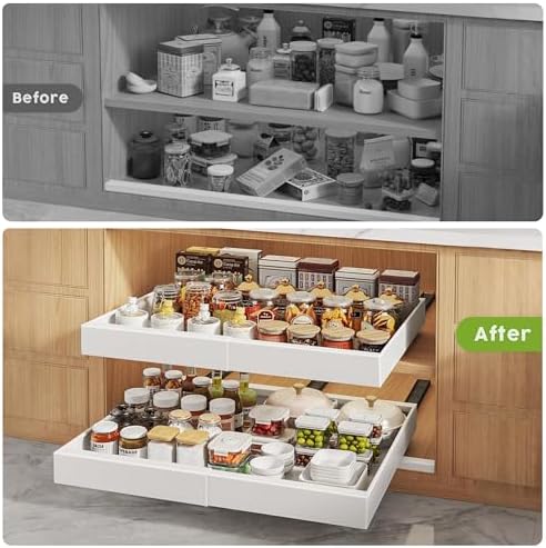 Seinloes 2 Pack Pull Out Cabinet Organizers 21"Deep with Raising Pad for Framed Cabinets,Expandable Slide Out Drawers Upgrade 3 Slide Rails,Roll Out Shelves Adhesive,Adjustable Width 12"-20.45" White