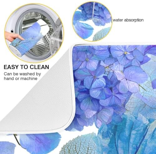 OTVEE Blue Hydrangea Blossom Decor Dish Drying Mat for Kitchen Counter