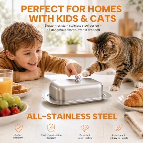 Sturdy Stainless Steel Butter Dish with Lid & Handle for Countertop