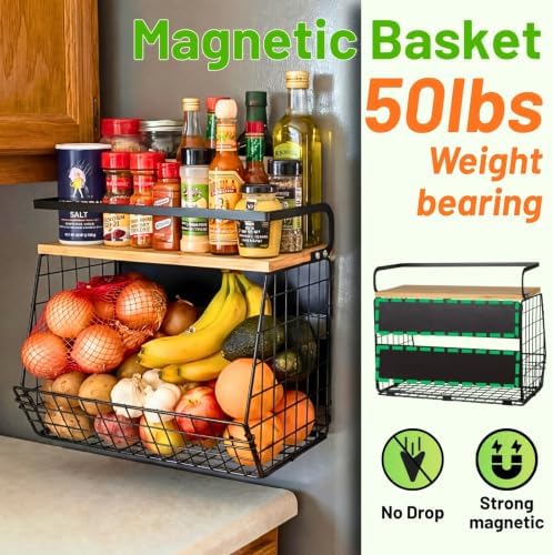 2 Set Magnetic Shelf for Refrigerator with Wood Lid, Fruit Potato &