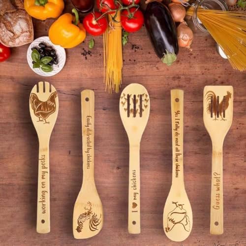 Chicken Wooden Spoons for Cooking, 5 PCS Engraved Kitchen Utensils Set