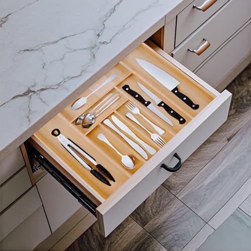 Bamboo Expandable Drawer Organizer- large Silverware Organizer