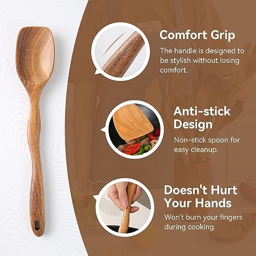 Kitchen 10PCS Teak Wooden Utensils Set With Holder and Spoon Rest
