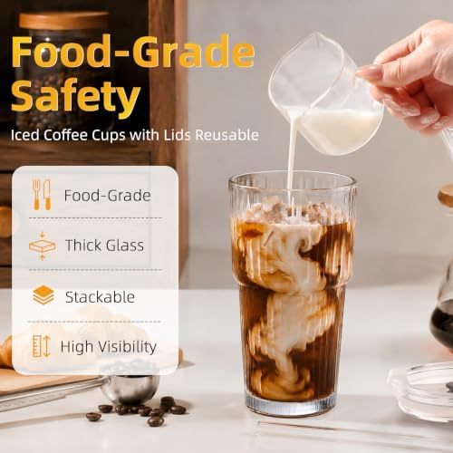 Iced Coffee Cups with Lids,Glass Cups with Lids and Straws,3 Coffee