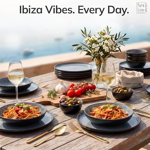 32 Piece Stoneware Dinnerware Set for 8, Handcrafted Plates and Bowls Set