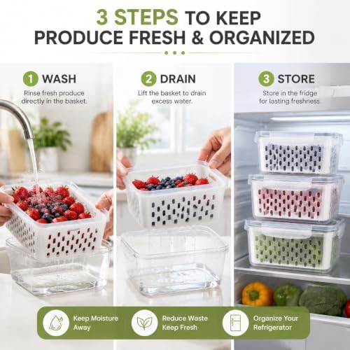 3Pack Fridge Food Storage Containers with Strainer