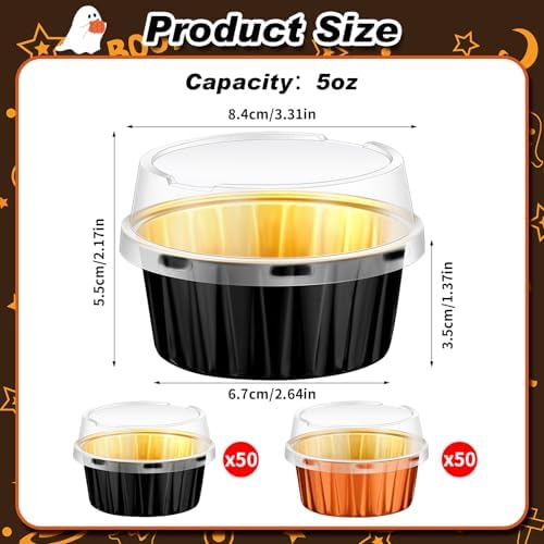 100 Pcs Baking Cups with Lids 5 Oz Foil,Black, Orange