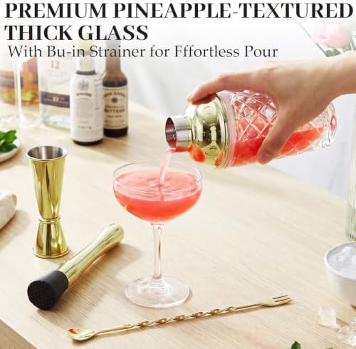 Certbuy Pineapple Glass Cocktail Shaker Set 14 oz Bartending Kit Gold