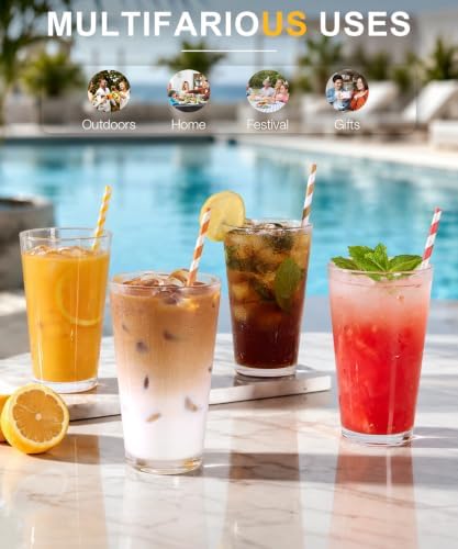 16oz Drinking Glasses Set of 8, Stackable Heavy Base Water Glass Cups