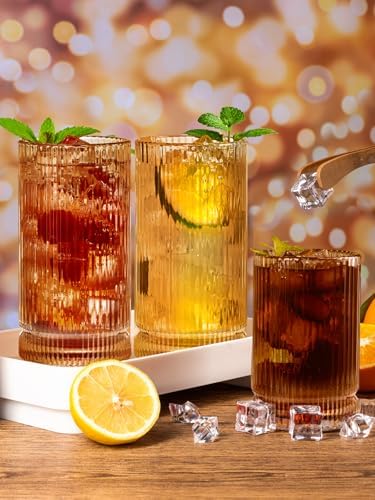 Amber Glassware Ribbed Drinking Glasses Set of 8, Vintage Glassware