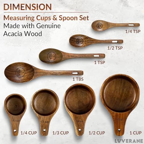 8 Piece Wooden Measuring Cups and Spoons set - Solid Acacia Wood with