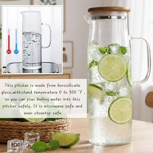 hjn Glass Pitcher with Lid Glass Water Carafe with Handle, Fridge