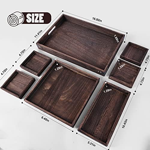 Wood Serving Tray with Handles, Set of 7 Rectangular Wooden Nesting