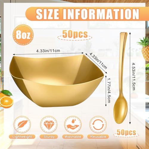 Tanlade 100 Pcs 8oz Square Plastic Serving Bowls with Spoons, 50 Set