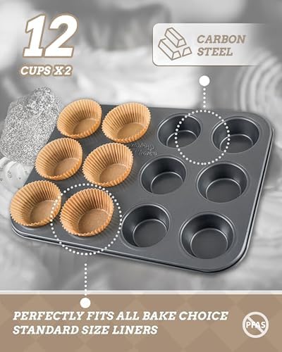 Bake Choice 2 Muffin Pan for Baking, Standard Cupcake Pan with 100