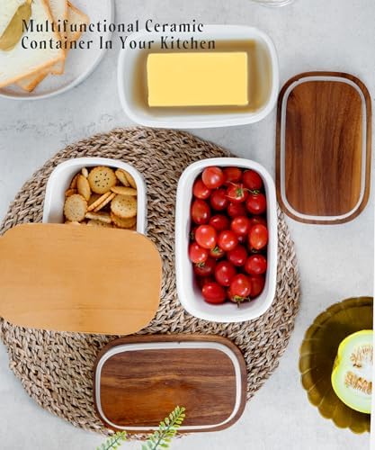 Nucookery Ceramic Butter Dish with Wood Lid for Countertop, Butter