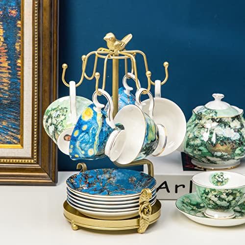 Gold Metal Coffee Mug and Saucer Tree Holder Countertop 6 Hooks