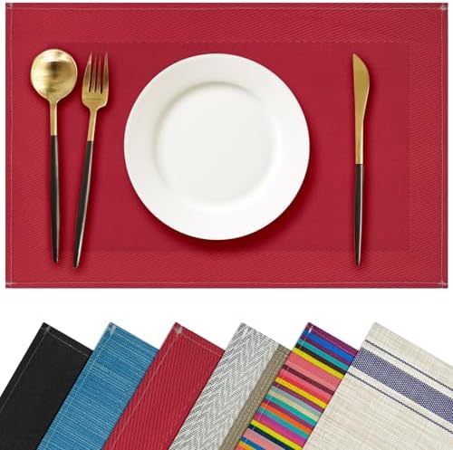 Red Placemats Set of 4, 12x18 Inch Faux Linen Table Mats