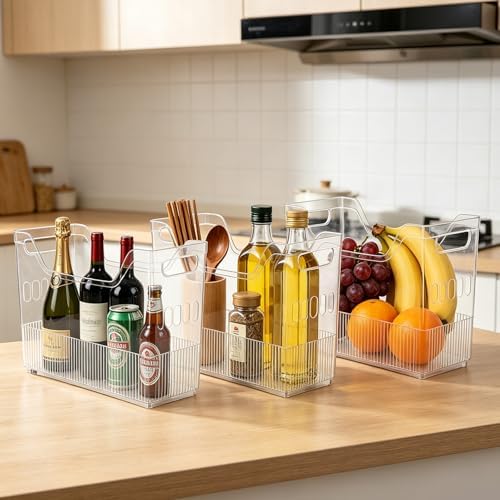 3 Pcs Freezer Organizer Bins with Wheel Clear Plastic Pantry Organizer