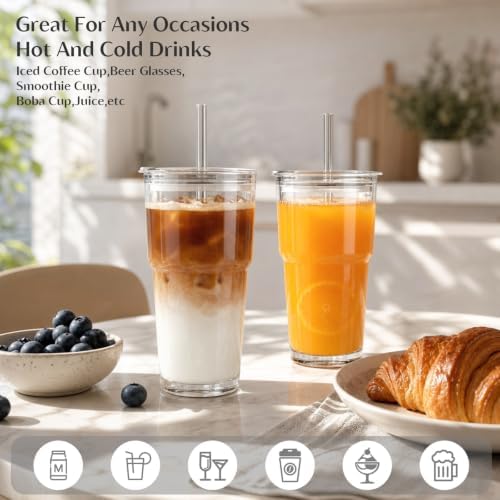 INSETLAN 20 oz Iced Coffee Cups with Lids and Straw, Set of 2 Glass