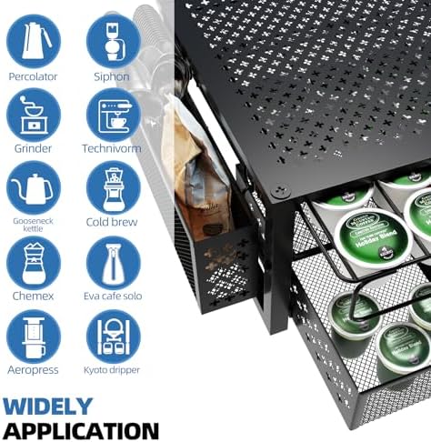 Simple Trending Coffee Pod Holder for K Cups, with 2 Tier Slidng Storage Drawer and Coffee Accessories Holder, 63 Large or 80 Small Capsule Organizer, Black