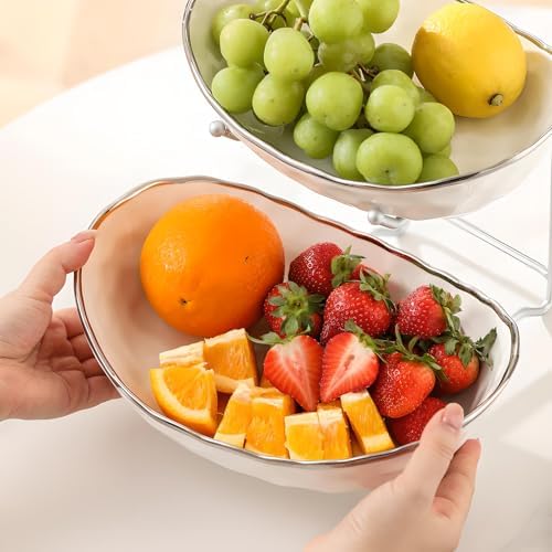 White Fruit Bowl with Silver Metal Stand, 2 Tier Modern Ceramic Fruit Bowl Fruit Rack for Kitchen Counter, Tiered Fruit Basket for Snacks Bread Candy Storage (White B,2 Tier)