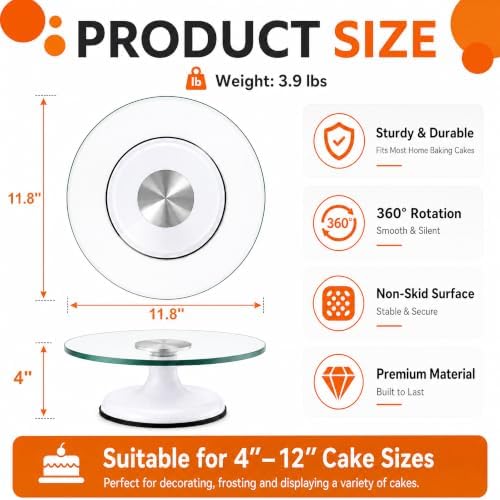 12" Glass Cake Turntable with 6 Icing Piping Tips, 1 Piping Bag