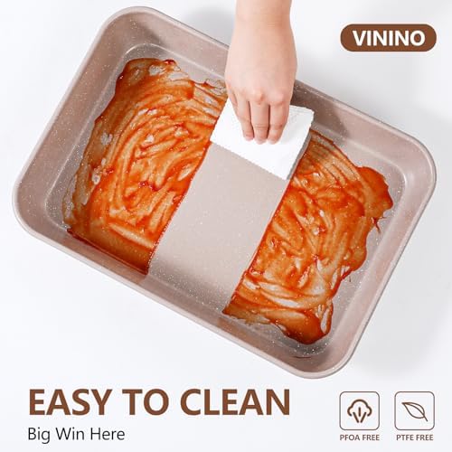 Vinino 8-Piece Baking Pans Set Nonstick, Bakeware Set includes Silicone Muffin, Loaf, Cake Pans with Metal Reinforced Frame, and Carbon Steel Roasting Pan, Cookie Sheet, Cooling rack for Oven