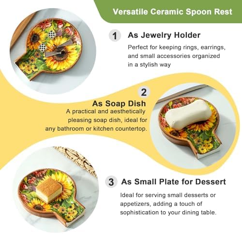Oil Painting Sunflower Farmhouse Ceramic Spoon Rests Holder for